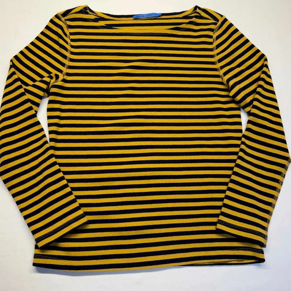 J McLaughlin Striped Knit Top Womens Small Yellow Navy Breton Boat Neck Preppy - Picture 2 of 8